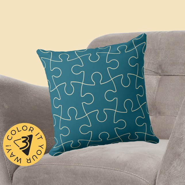 Minimalistiskt Blått & Gult Pusselmönster Kudde (Minimalist Blue & Yellow Jig Saw Puzzle Pattern Throw Pillow)