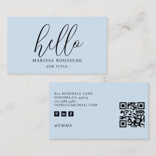 Minimalistiskt Blått Hej QR-kod Affärskort Visitkort (Fram/baksida)