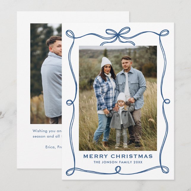 Minimalistiskt blått julband 2-foto julkort (Fram/baksida)