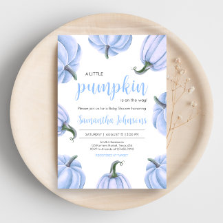 Minimalistiskt blått knumpkin Fall Baby Shower Inbjudningar