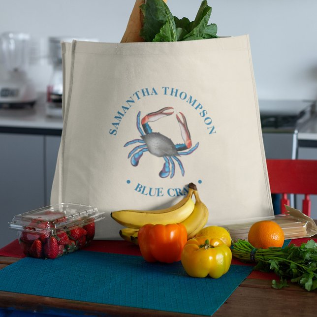 Minimalistiskt blått krabba enkelt Nautical Blue C Tygkasse (Personalized Blue Crab Coastal Seafood Market Grocery Tote)
