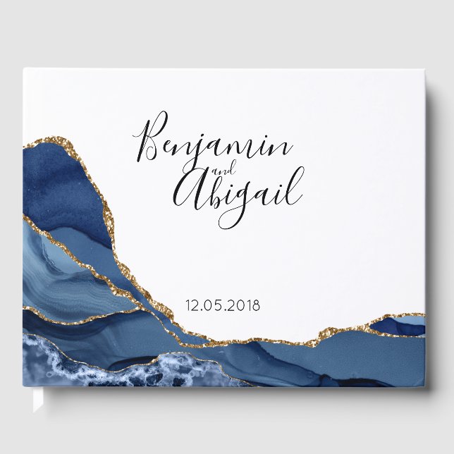 Minimalistiskt blått och Guld agate Bröllop Gästböcker (Framsida)
