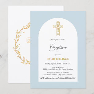 Minimalistiskt blått och Guld Kor-baptism Inbjudningar
