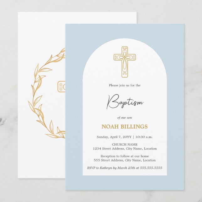Minimalistiskt blått och Guld Kor-baptism Inbjudningar (Fram/baksida)
