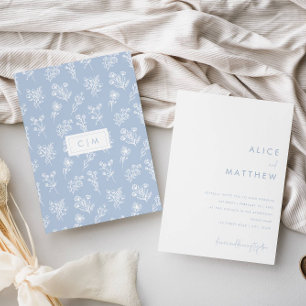 Minimalistiskt blått och vitt Blommönster Bröllop Inbjudningar