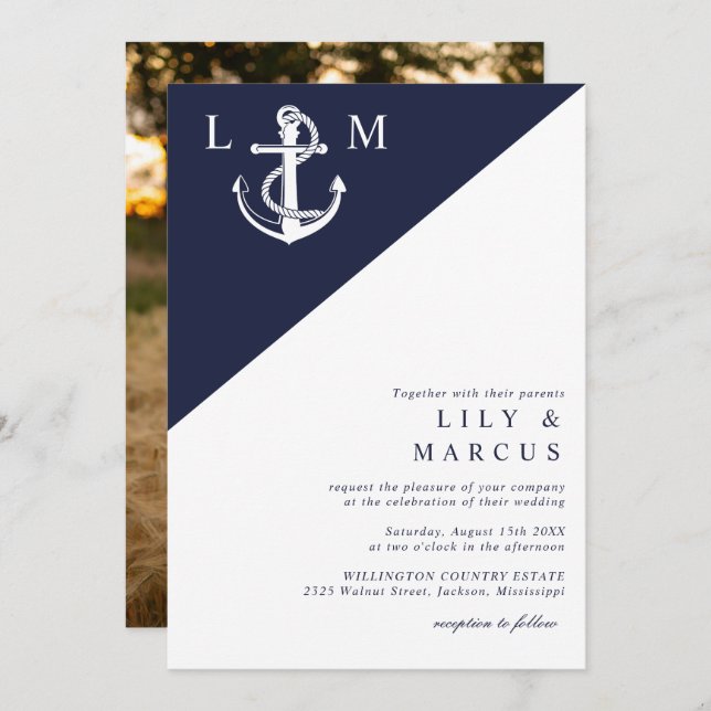 Minimalistiskt blått sjömansfoto Bröllop Inbjudningar (Fram/baksida)