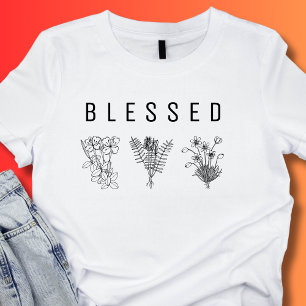 Minimalistiskt BLESSED Tre Wildblommor Black White T Shirt