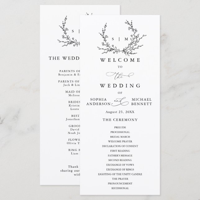Minimalistiskt blomstergrafiskt bröllopsprogram program (Fram/baksida)