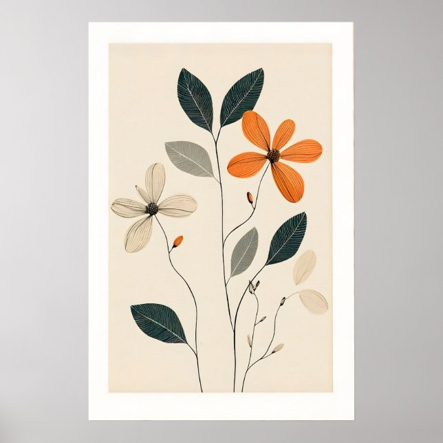 Minimalistiskt blomsterkonsttryck beige, grön & or poster (Framsidan)