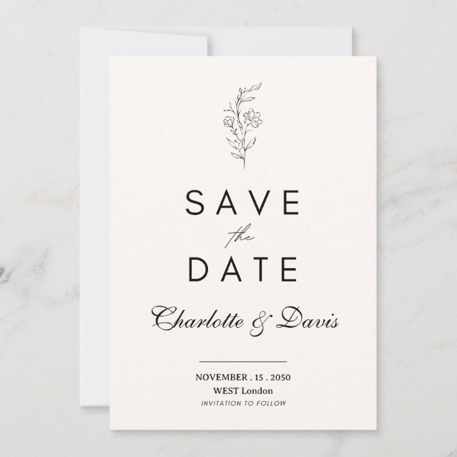 Minimalistiskt blomsterkort för Save the Date Inbjudningar (Framsida)