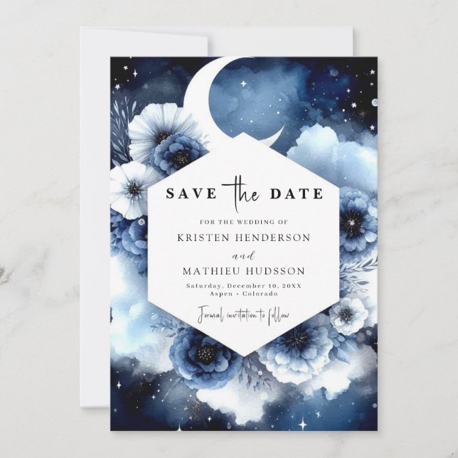 Minimalistiskt Blue Moonlit Bröllop Spara Datumet (Framsida)