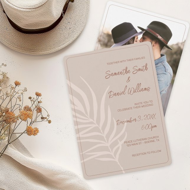 Minimalistiskt bohemiskt foto Bröllop Inbjudningar (Boho Terracotta Wedding Invitation)