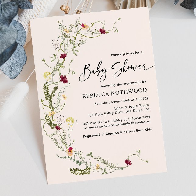 Minimalistiskt Boho Wandeand Wildblomme Baby Showe Inbjudningar (Skapare uppladdad)