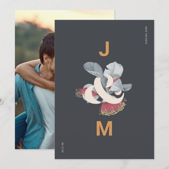 Minimalistiskt botaniskt spara datumet med foto (Fram/baksida)