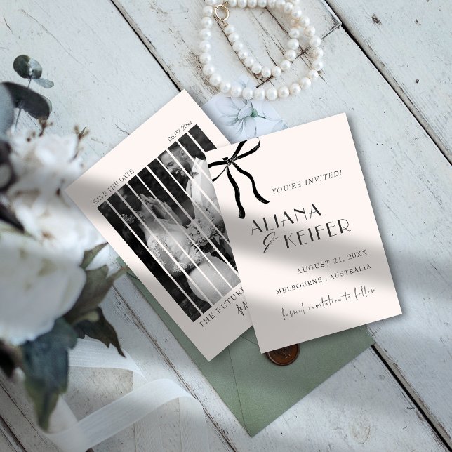 Minimalistiskt bow Whimsical Retro Photo Bröllop Spara Datumet (Skapare uppladdad)