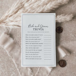 Minimalistiskt brid- och Groom Trivia-spel Flygblad<br><div class="desc">Denna minimalistiska brud- och groomtrivia-lek är perfekt för en enkel möhippa. Den moderna romantiska designen har klassisk svart- och vit typografi parad med en rografi av rustik men elegant med vintage handskrivet stil. Anpassade i alla färg. Behålla designen enkel och elegant, som den är, eller anpassa den genom att lägga...</div>