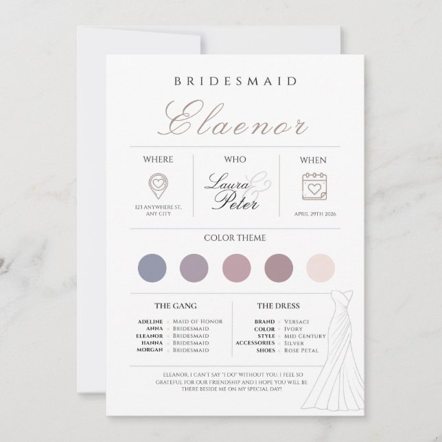 Minimalistiskt Bridesmaid Info Card Inbjudningar (Framsida)