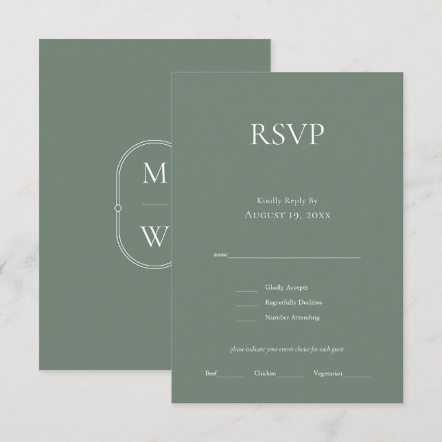 Minimalistiskt Bröllop OSA för monogram-Grönt Kort (Fram/baksida)