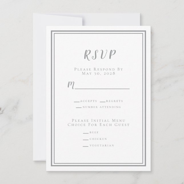 Minimalistiskt bröllop RSVP Meny Grå & Vit (Framsida)