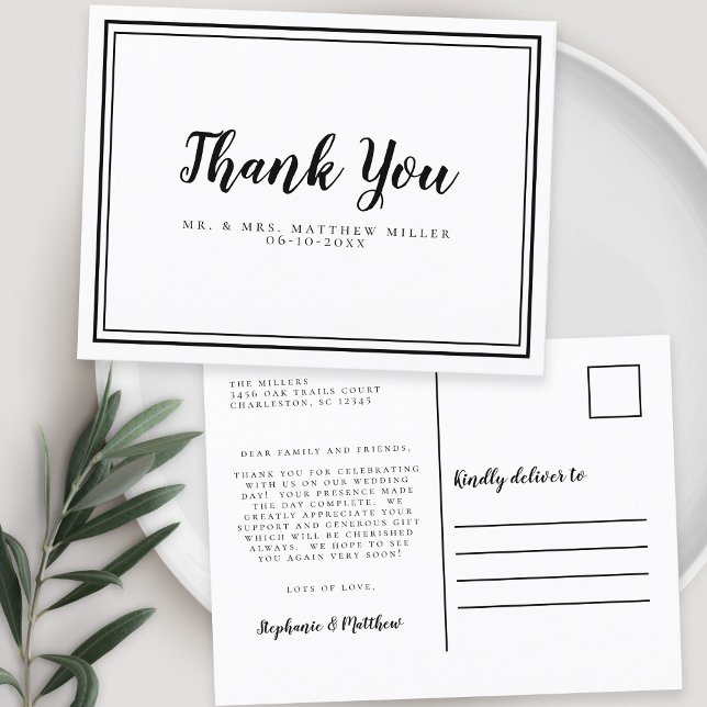 Minimalistiskt Bröllop Tacksamhetsmeddelande Svart Vykort (Minimalist Wedding Thank You Message Black & White Postcard)