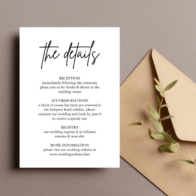 Minimalistiskt brölloppsdetaljer bifogat kort (Minimalist enclosure card shares wedding details with clean, elegant simplicity.)