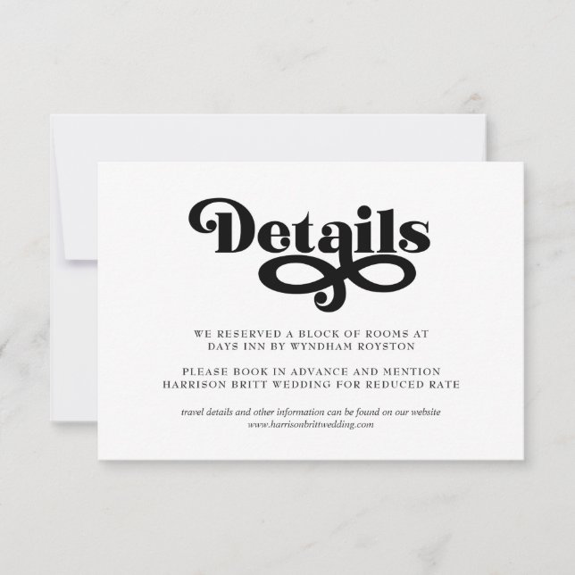 Minimalistiskt brölloppsdetaljkort | 70-tals typog (Framsida)