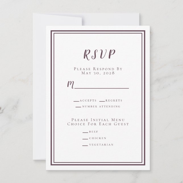 Minimalistiskt bröllops-RSVP-meny Lila Vit (Framsida)