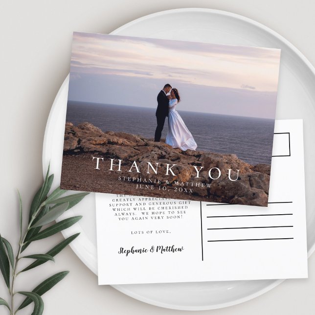 Minimalistiskt Bröllopsfoto Tack-meddelande Vykort (Minimalist Wedding Photo Thank You Message Postcard)
