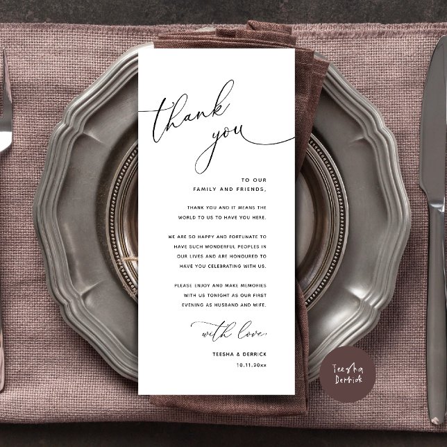 Minimalistiskt bröllopsplatskort tackkort program (Welcome n Thanks Wedding Reception Dinner Brunch Lunch Thank You Card in Black White)
