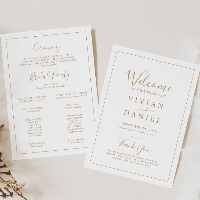 Minimalistiskt Bröllopsprogram för enkel utskrift  Inbjudningar (Minimalist Gold Simple Printable Wedding Program)
