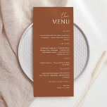 Minimalistiskt Brown Terracotta Menu-kort Meny<br><div class="desc">Enkel meny & Elegant bröllop, Party eller årsdag. En elegant i White and Brown Terracotta eller valfri bakgrund i färg. Klicka bara på den anpassade länken, som visas under textanpassning på högerna, och välj anpassningsbarnas bakgrund färg. Med den här mallen för poster av tecken kan du snabbt och enkelt skapa...</div>