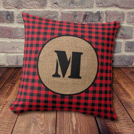 Minimalistiskt Burlap och Red Buffalo Play Monogra Kudde