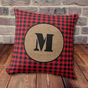 Minimalistiskt Burlap och Red Buffalo Play Monogra Kudde