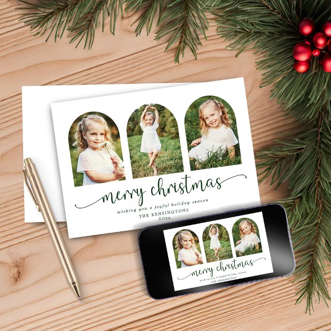 Minimalistiskt Cute Julgranar Helgdag 3-foto Julkort (Minimalist Cute Christmas Trees Holiday 3 Photo Card)