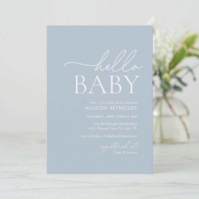 Minimalistiskt dammblått Hej babyskor Inbjudningar (Stående Fram)