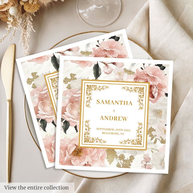 Minimalistiskt dammigt rosa napkins av elfenbensbl pappersservett (Minimalist dusty pink ivory floral wedding napkins)