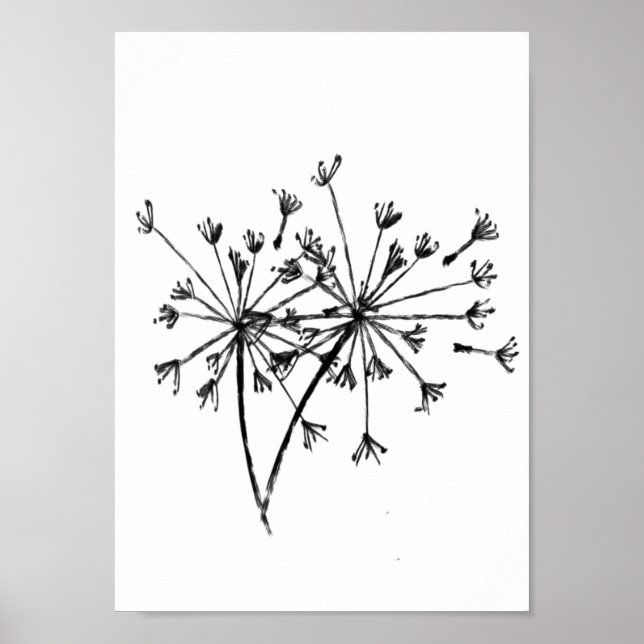 Minimalistiskt Dandelion Digital Sketch Art Black Poster (Framsidan)
