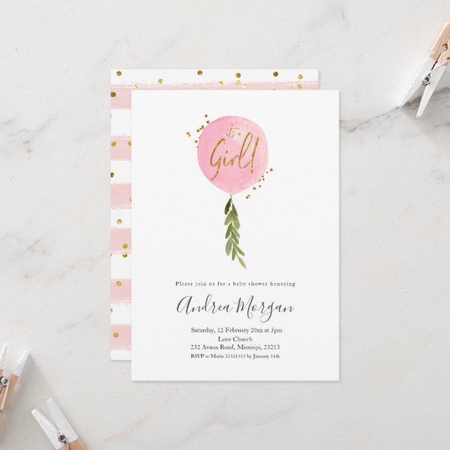 Minimalistiskt Det är en flicka rosa Ballon barndu Inbjudningar (Fram/Back In Situ)