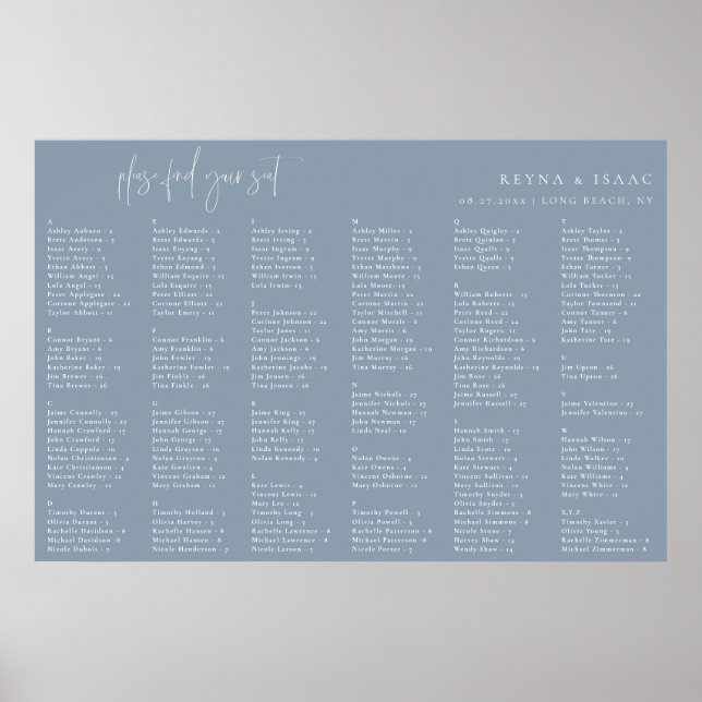 Minimalistiskt Dusty Blue Alphabetical-sätesschema Poster (Framsidan)