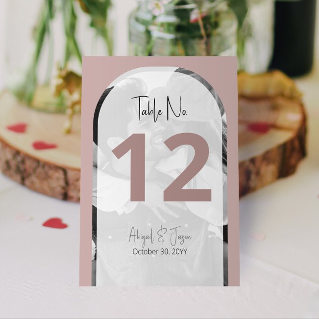 💍 minimalistiskt Dusty Ro-beväpnat foto Bröllop Bordsnummer (Taupe / Mauve Arched Wedding Photo Table Table Numbers | Personalize and Preview on Screen Now!)