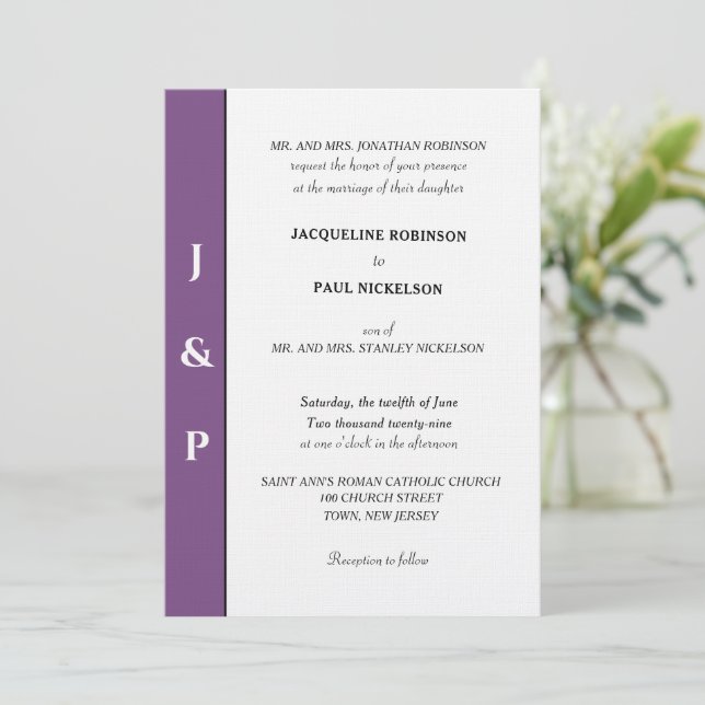 Minimalistiskt Dusty Violet White Monogram Inbjudningar (Stående Fram)