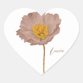 Minimalistiskt elegant mocha blommigt poppy-hjärta hjärtformat klistermärke