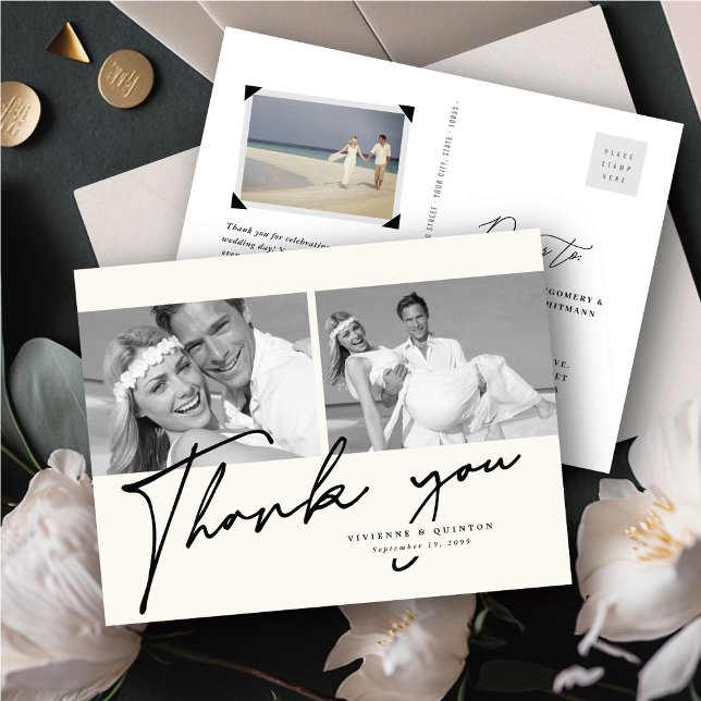 Minimalistiskt Elfenbenskusten Ram 2 Photo Bröllop Vykort (Minimalist Ivory Frame 2 Photo Wedding Thank You Handwriting Script Postcard @ fatfatin_blue_knot)