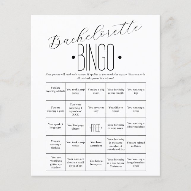 Minimalistiskt enkelt Bachelorette Bingo-spel (Framsida)