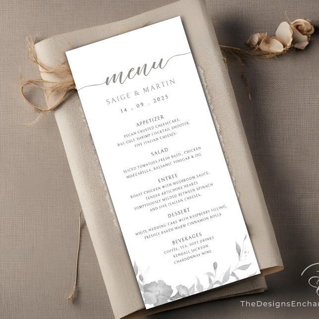 Minimalistiskt enkelt Boho Bröllop-menykort för Bl Meny (Gray Wedding Dinner Menu Cards, Minimalist Modern Script Wedding Menu by TheDesignsEnchanted)
