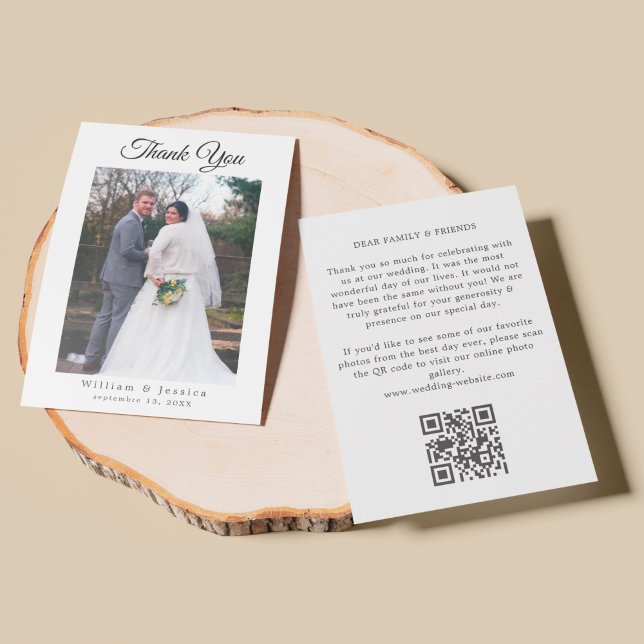 Minimalistiskt enkelt Bröllop-skriptfoto och QR-ko Tack Kort (Skapare uppladdad)