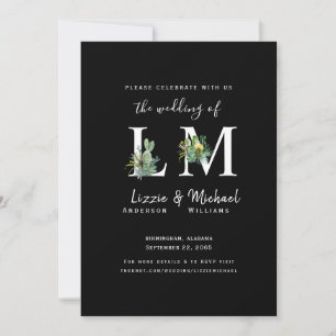 Minimalistiskt enkelt Cactus Black Monogram Bröllo Inbjudningar
