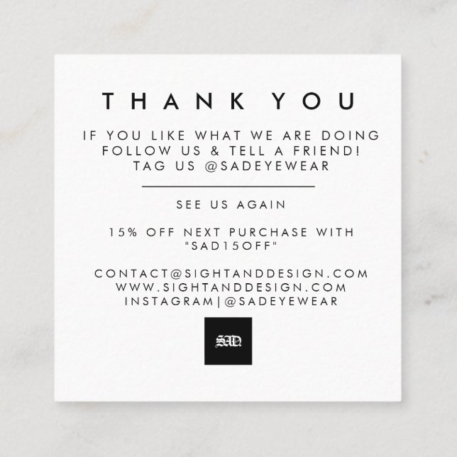 Minimalistiskt enkelt, fet tackkort fyrkantigt visitkort (Baksida)