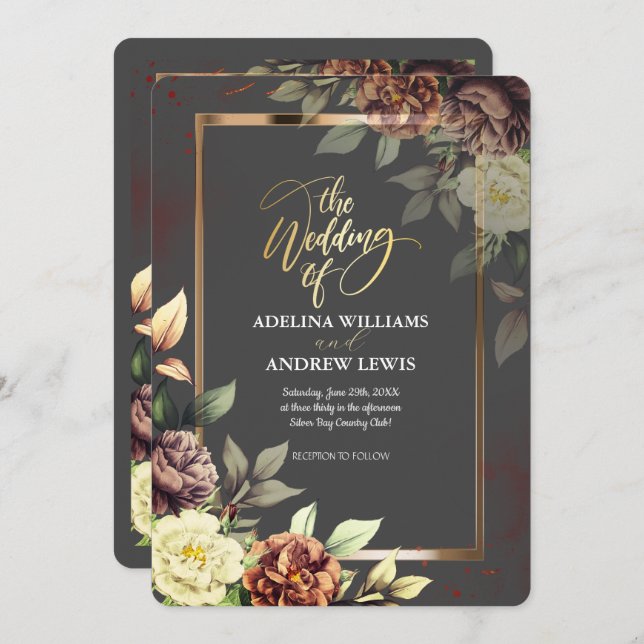 Minimalistiskt enkelt Grått, Ro Guld Ram Bröllop Inbjudningar (Fram/baksida)