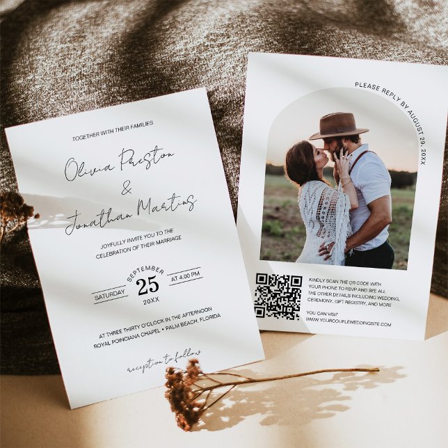 Minimalistiskt enkelt QR-kodsökning Ram Photo Bröl Inbjudningar (Minimalist Simple QR Code Arch Frame Photo Wedding Invitation)